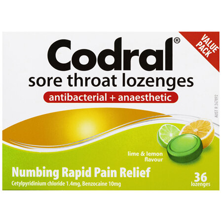 Codral Sore Throat Relief Lozenges Antibacterial + Anaesthetic Lime & Lemon 36 Pack