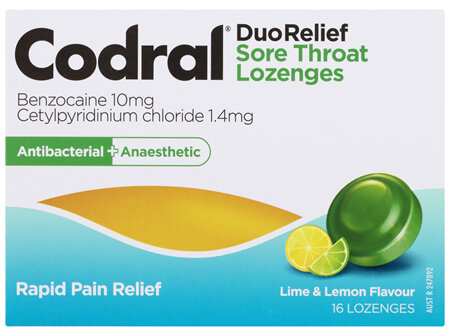 Codral Sore Throat Relief Lozenges Antibacterial + Anaesthetic Lime & Lemon 16 Pack