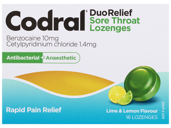 Codral Sore Throat Relief Lozenges Antibacterial + Anaesthetic Lime & Lemon 16 Pack