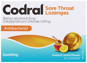 Codral Sore Throat Relief Lozenges Antibacterial Honey & Lemon 16 Pack