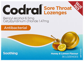 Codral Sore Throat Relief Lozenges Antibacterial Honey & Lemon 36 Pack