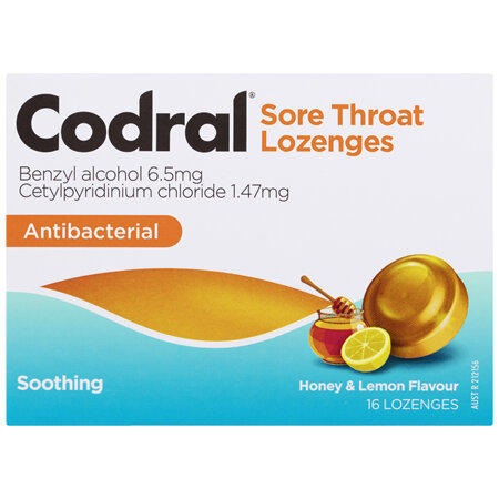 Codral Sore Throat Relief Lozenges Antibacterial Honey & Lemon 16 Pack