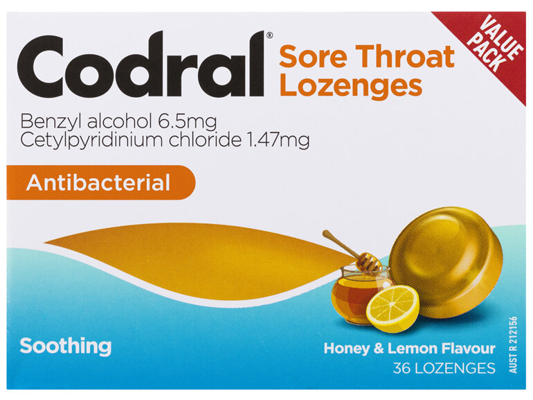 Codral Sore Throat Relief Lozenges Antibacterial Honey & Lemon 36 Pack - Moorebank Day & Night Pharmacy