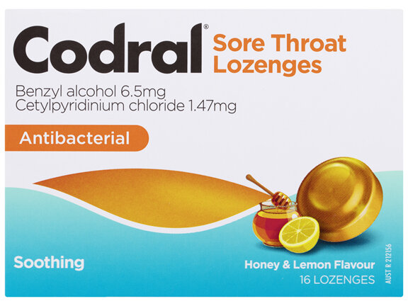 Codral Sore Throat Relief Lozenges Antibacterial Honey & Lemon 16 Pack