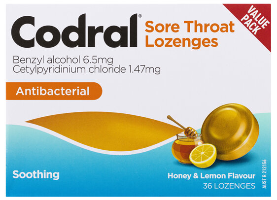 Codral Sore Throat Relief Lozenges Antibacterial Honey & Lemon 36 Pack