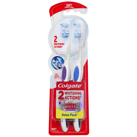 Colgate 360° Advanced Optic White Manual Toothbrush, Value 2 Pack, Soft Bristles, Teeth Whitening