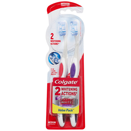 Colgate 360° Advanced Optic White Manual Toothbrush, Value 2 Pack, Medium Bristles, Teeth Whitening