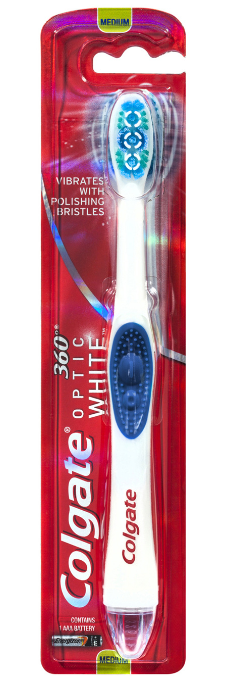 Colgate 360° Optic White Battery Powered Whitening Toothbrush, 1 Pack, Medium with Vibrating &