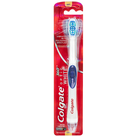 Colgate 360° Optic White Battery Powered Whitening Toothbrush, 1 Pack, Soft with Vibrating &