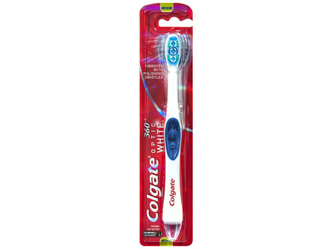 Colgate 360° Optic White Battery Powered Whitening Toothbrush, 1 Pack, Medium with Vibrating &