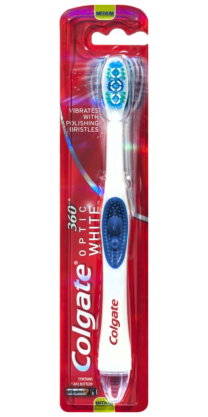 Colgate 360° Optic White Battery Powered Whitening Toothbrush, 1 Pack, Medium with Vibrating &