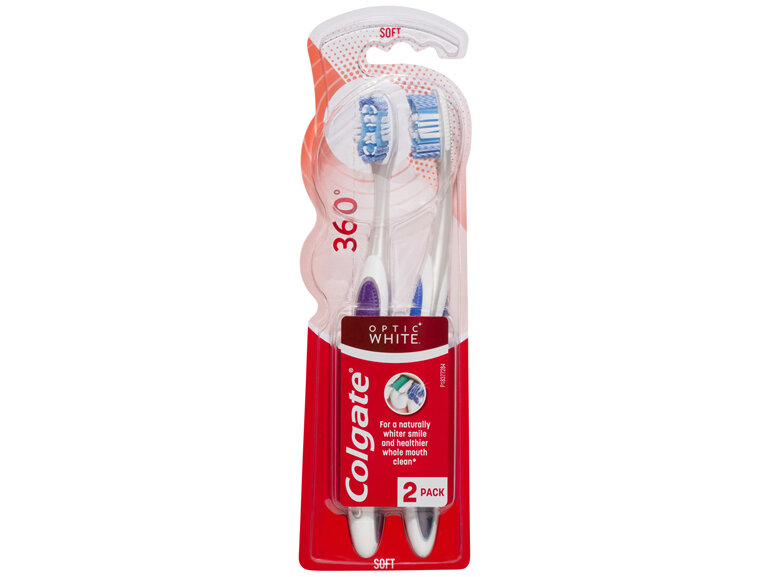 Colgate 360° Optic White Manual Toothbrush, Value 2 Pack, Soft Bristles, Teeth Whitening Actions