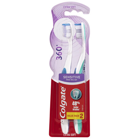 Colgate 360° Sensitive Pro-Relief Toothbrush, Value 2 Pack, Extra Soft Bristles For Sensitive Teeth
