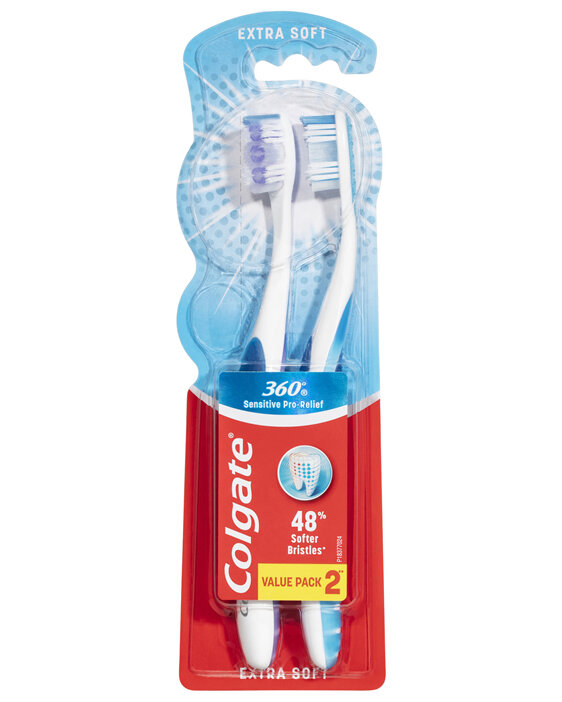 Colgate 360° Sensitive Pro-Relief Toothbrush, Value 2 Pack, Extra Soft Bristles For Sensitive Teeth