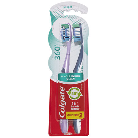 Colgate 360° Whole Mouth Clean Manual Toothbrush, Value 2 Pack, Medium Bristles