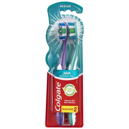 Colgate 360° Whole Mouth Clean Manual Toothbrush, Value 2 Pack, Medium Bristles