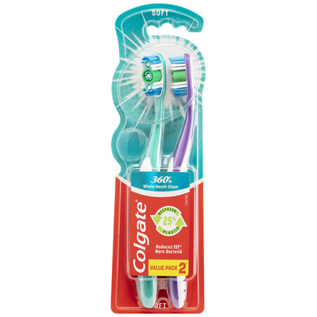Colgate 360° Whole Mouth Clean Manual Toothbrush, Value 2 Pack, Soft Bristles