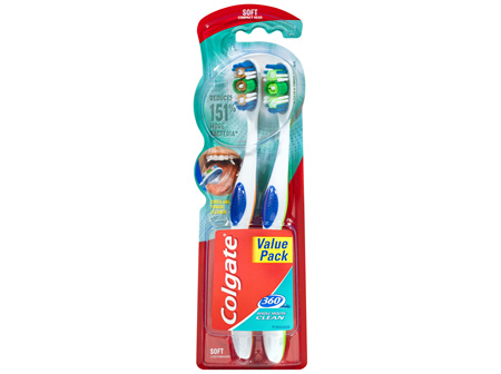 Colgate 360° Whole Mouth Clean Manual Toothbrush, Value 2 Pack, Soft Bristles