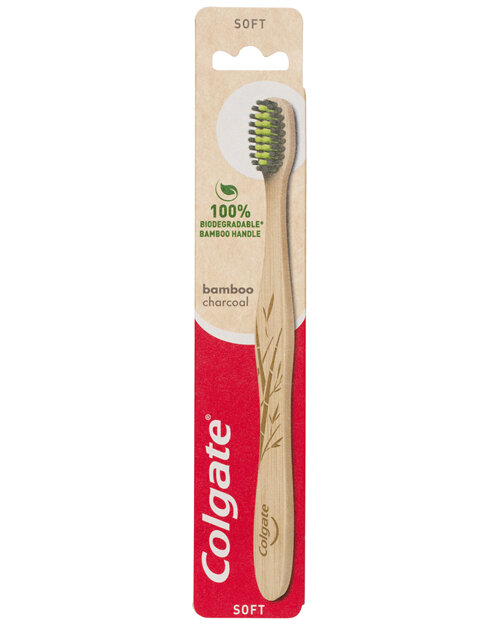 Colgate Bamboo Charcoal Manual Toothbrush, 1 Pack, Soft Bristles, 100% Biodegradable Bamboo Handle,