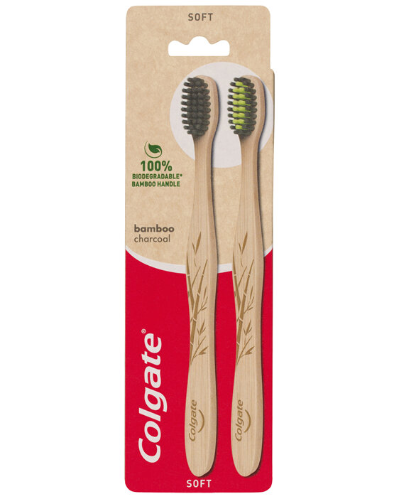 Colgate Bamboo Charcoal Manual Toothbrush, Value 2 Pack, Soft Bristles, 100% Biodegradable Bamboo