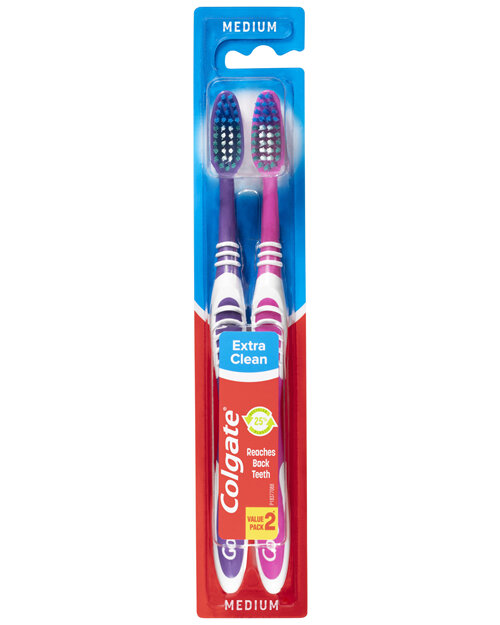 Colgate Extra Clean Manual Toothbrush, Value 2 Pack, Medium Bristles, 25% Recycled Plastic Handle