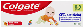 Colgate Kids Anticavity Fluoride Toothpaste 80g, 0-3 Years, Mild Fruit Flavour, 0% Artificial