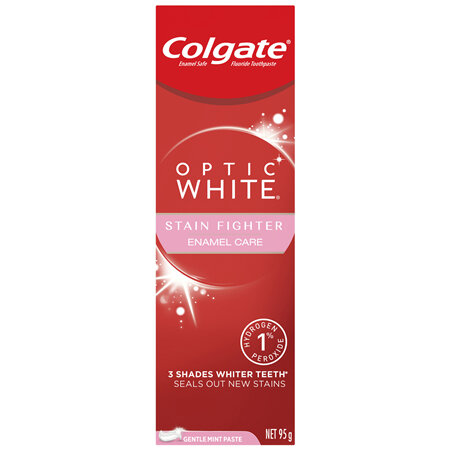 Colgate Optic White Stain Fighter Teeth Whitening Toothpaste 95g, Enamel Care, with 1% Hydrogen