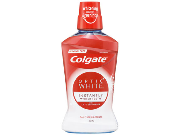 Colgate Optic White Teeth Whitening Mouthwash, 500mL, with Optic Brightener, Alcohol Free