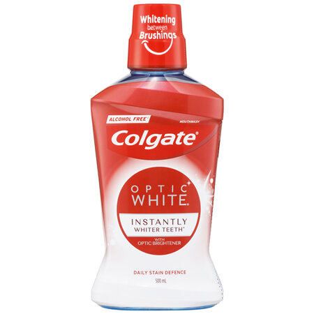 Colgate Optic White Teeth Whitening Mouthwash, 500mL, with Optic Brightener, Alcohol Free