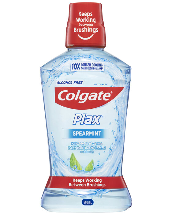 Colgate Plax Antibacterial Mouthwash, 500mL, Spearmint, Alcohol Free, Bad Breath Control