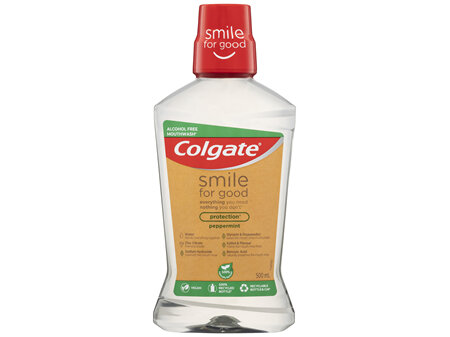 Colgate Smile For Good Alcohol Free Mouthwash 500mL, Peppermint, Vegan, Sugar Free, Gluten Free