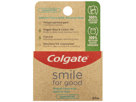 Colgate Smile For Good Dental Floss, 50m, Spearmint, Naturally Waxed, Recycled Packaging and Vegan