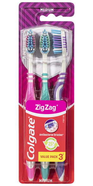 Colgate Zig Zag Manual Toothbrush, Value 3 Pack, Medium Bristles, Antibacterial Bristles
