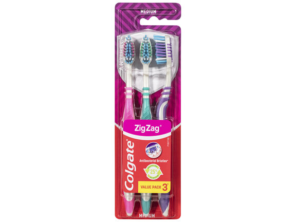 Colgate Zig Zag Manual Toothbrush, Value 3 Pack, Medium Bristles, Antibacterial Bristles