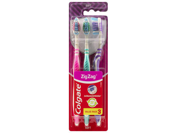 Colgate Zig Zag Manual Toothbrush, Value 3 Pack, Soft Bristles, Antibacterial Bristles