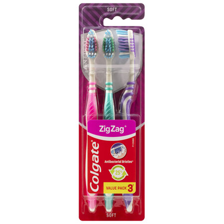 Colgate Zig Zag Manual Toothbrush, Value 3 Pack, Soft Bristles, Antibacterial Bristles
