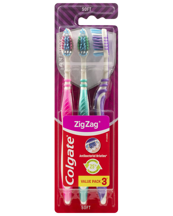 Colgate Zig Zag Manual Toothbrush, Value 3 Pack, Soft Bristles, Antibacterial Bristles