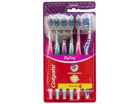 Colgate Zig Zag Manual Toothbrush, Value 6 Pack, Medium Bristles, Antibacterial Bristles