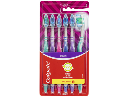 Colgate Zig Zag Manual Toothbrush, Value 6 Pack, Medium Bristles, Interdental Reach