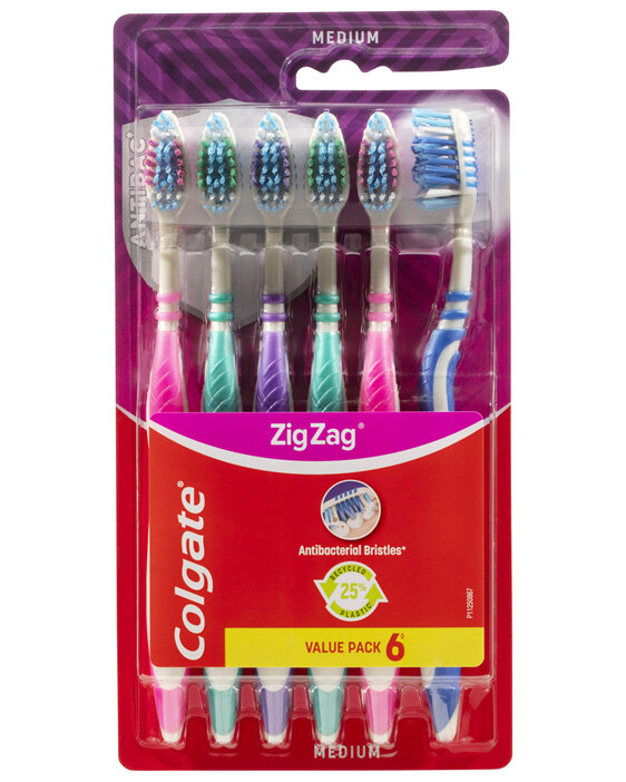 Colgate Zig Zag Manual Toothbrush, Value 6 Pack, Medium Bristles, Antibacterial Bristles