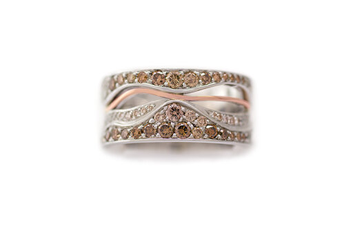 Contemporary coloured diamond sterling silver and rose gold dress ring