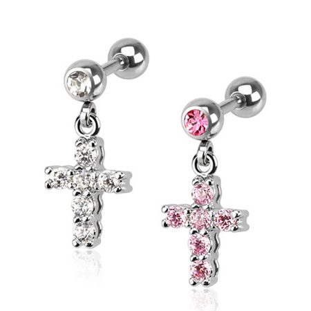 Cross CZ Paved Dangle Cartilage Barbell