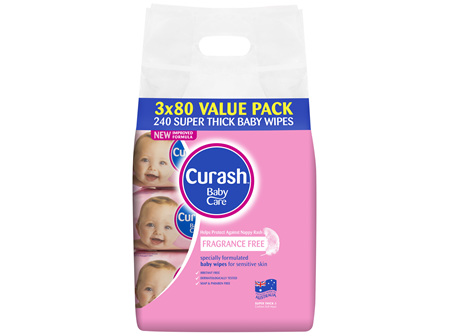 Curash Babycare Fragrance Free Baby Wipes 3 x 80 Pack