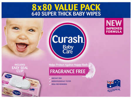 Curash Babycare Fragrance Free Baby Wipes 8 x 80 Pack