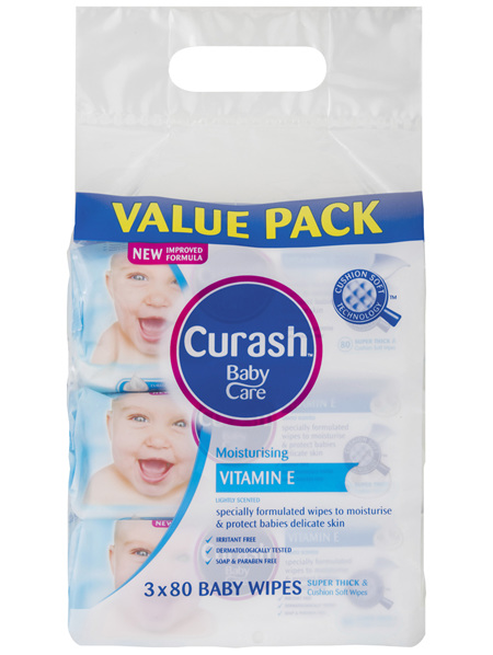 Curash Babycare Vitamin E Baby Wipes 3 x 80 Pack