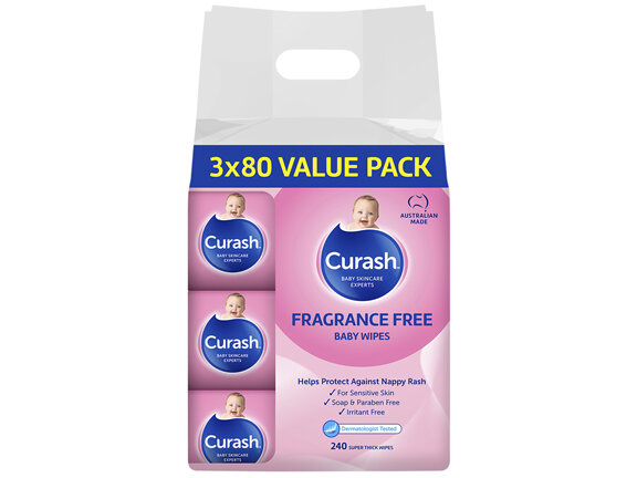 Curash Fragrance Free Baby Wipes 3 x 80 Pack