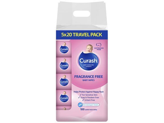 Curash Fragrance Free Baby Wipes 5 x 20 Pack