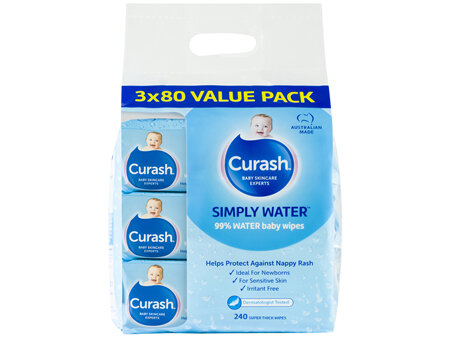 Curash Simply Water Baby Wipes Bulk Pack 3x80