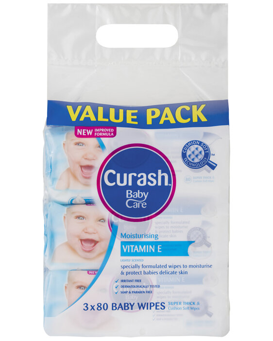 Curash Vitamin E Baby Wipes 3 x 80 Pack