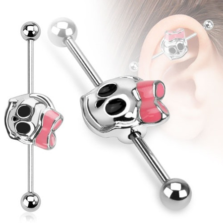 Cute Skull with Ribbon Industrial Barbell